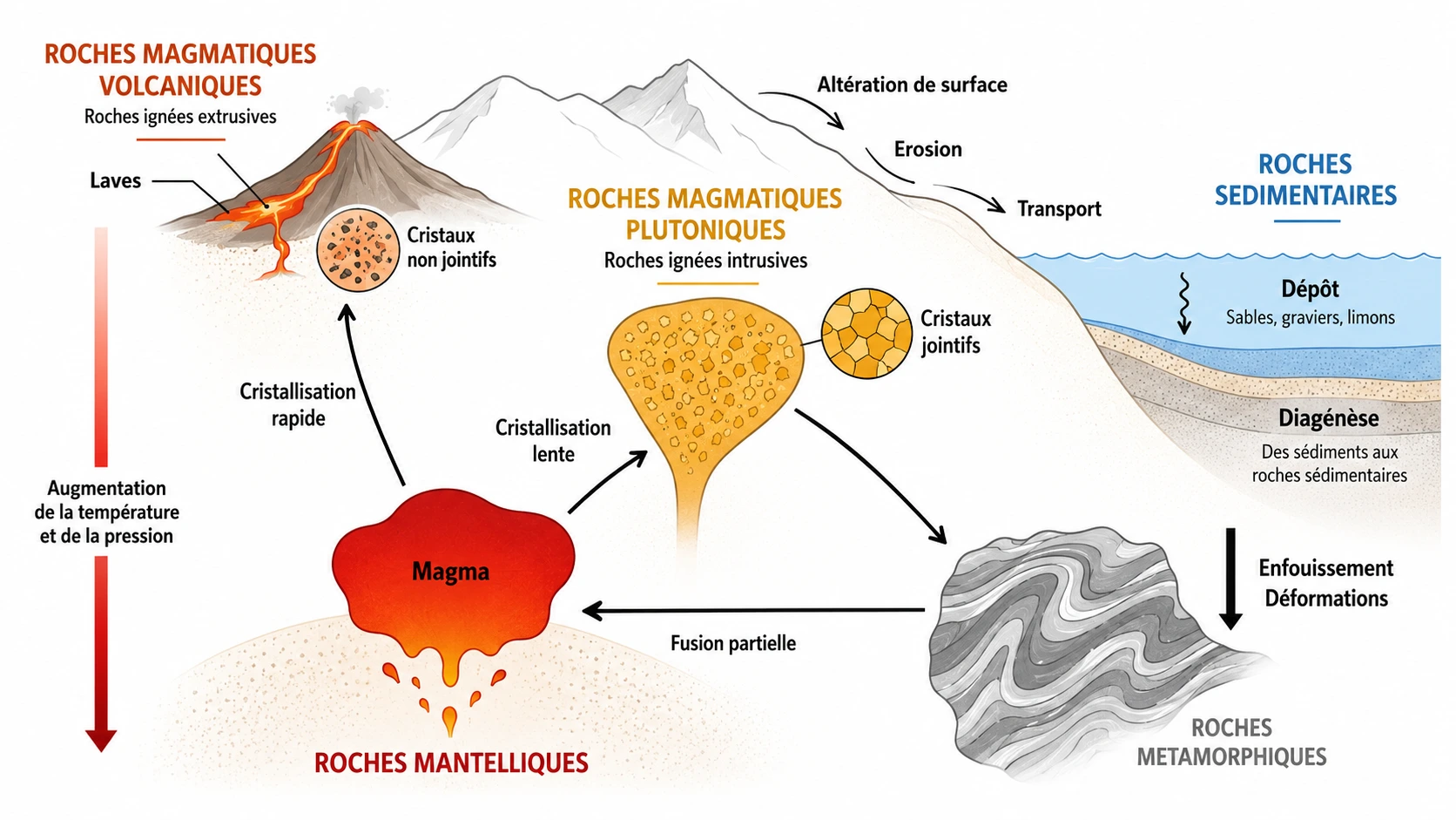 Schéma du cycle de formation des roches magmatiques, plutoniques, sédimentaires et métamorphiques